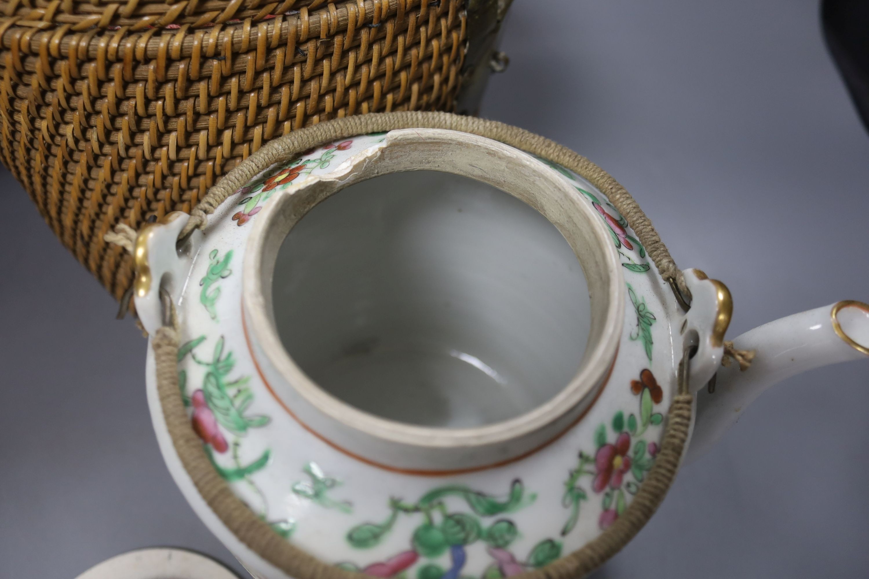 Three late 19th/early 20th century Chinese famille teapots, two in baskets and a similar dish, - Image 8 of 9