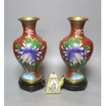 A pair of Chinese cloisonne enamel vases and a Canton enamel wine pot 30cm