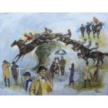 Judith Stowell, oil on board, Horse racing vignette, signed, 53 x 70cm