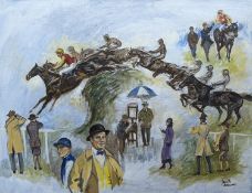 Judith Stowell, oil on board, Horse racing vignette, signed, 53 x 70cm