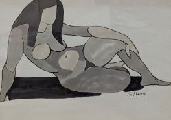 Sidney d'Horne Shepherd (1909-1993), ink and watercolour, Seated nude, signed, 19 x 27cm