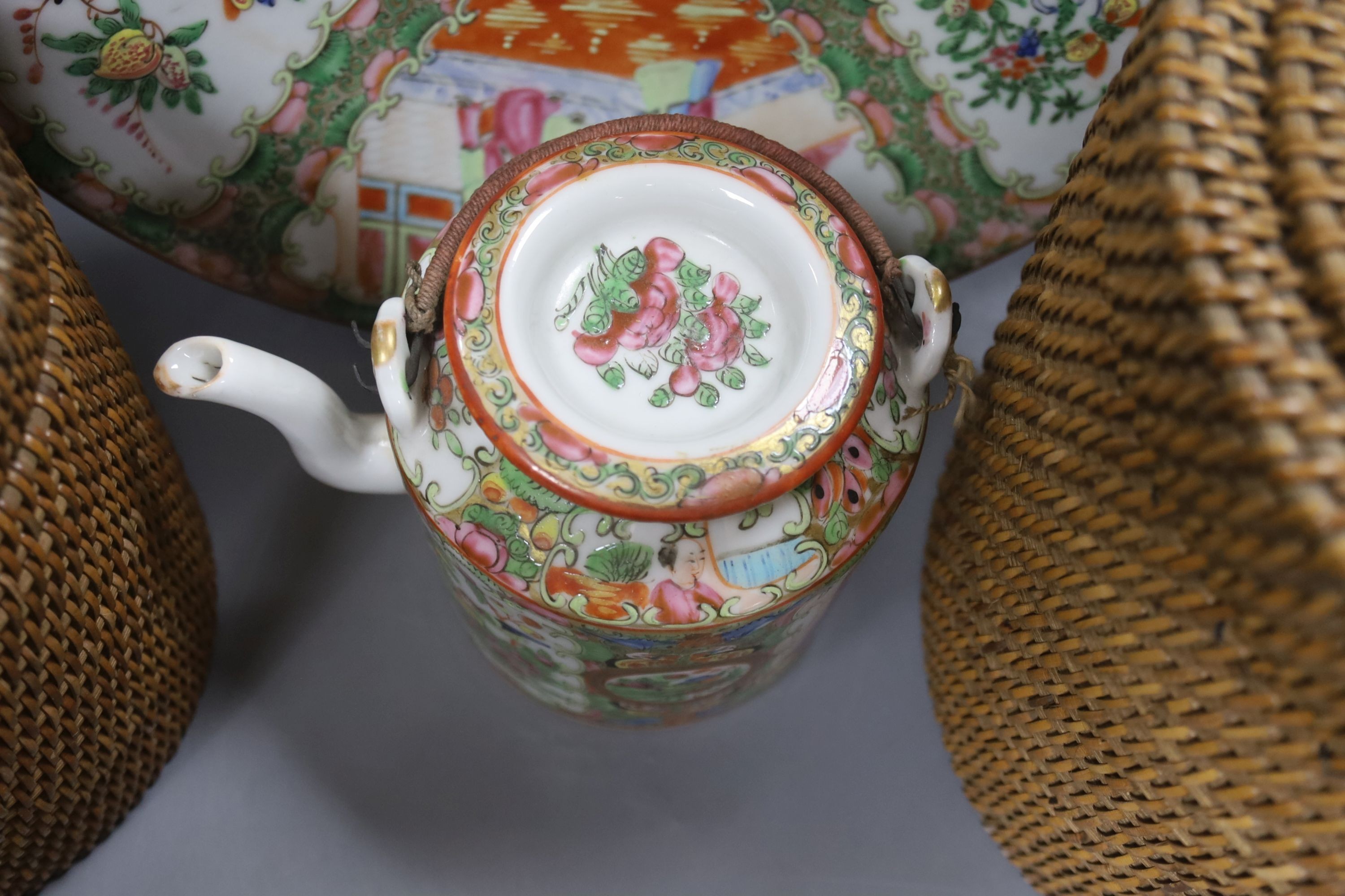 Three late 19th/early 20th century Chinese famille teapots, two in baskets and a similar dish, - Image 3 of 9