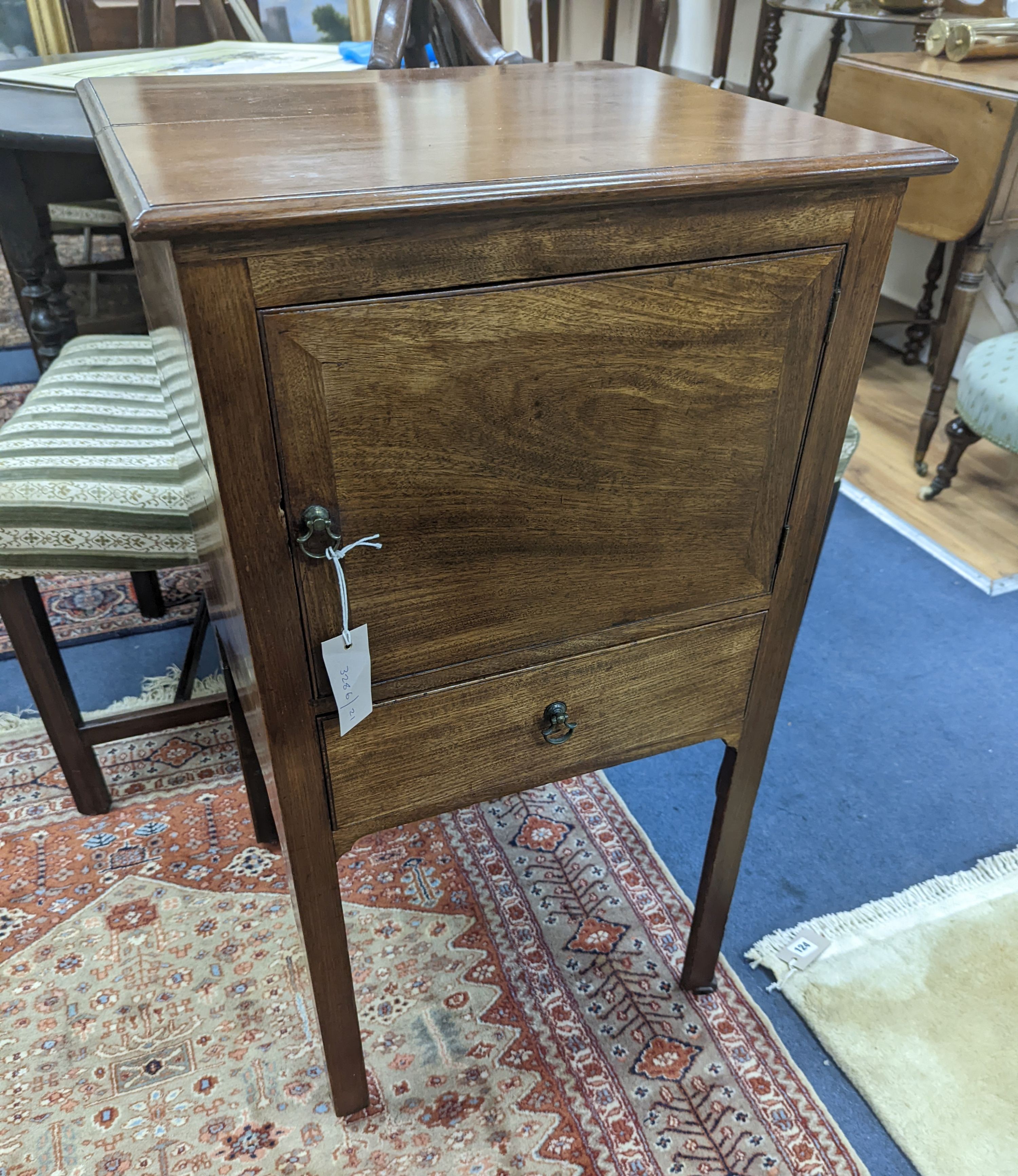 A George III and later mahogany bedside cabinet. W-47cm, D-45cm, H-86cm.