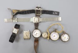 A gentleman's early 20th century silver trench wrist watch by J.W. Benson, four other wrist watches,