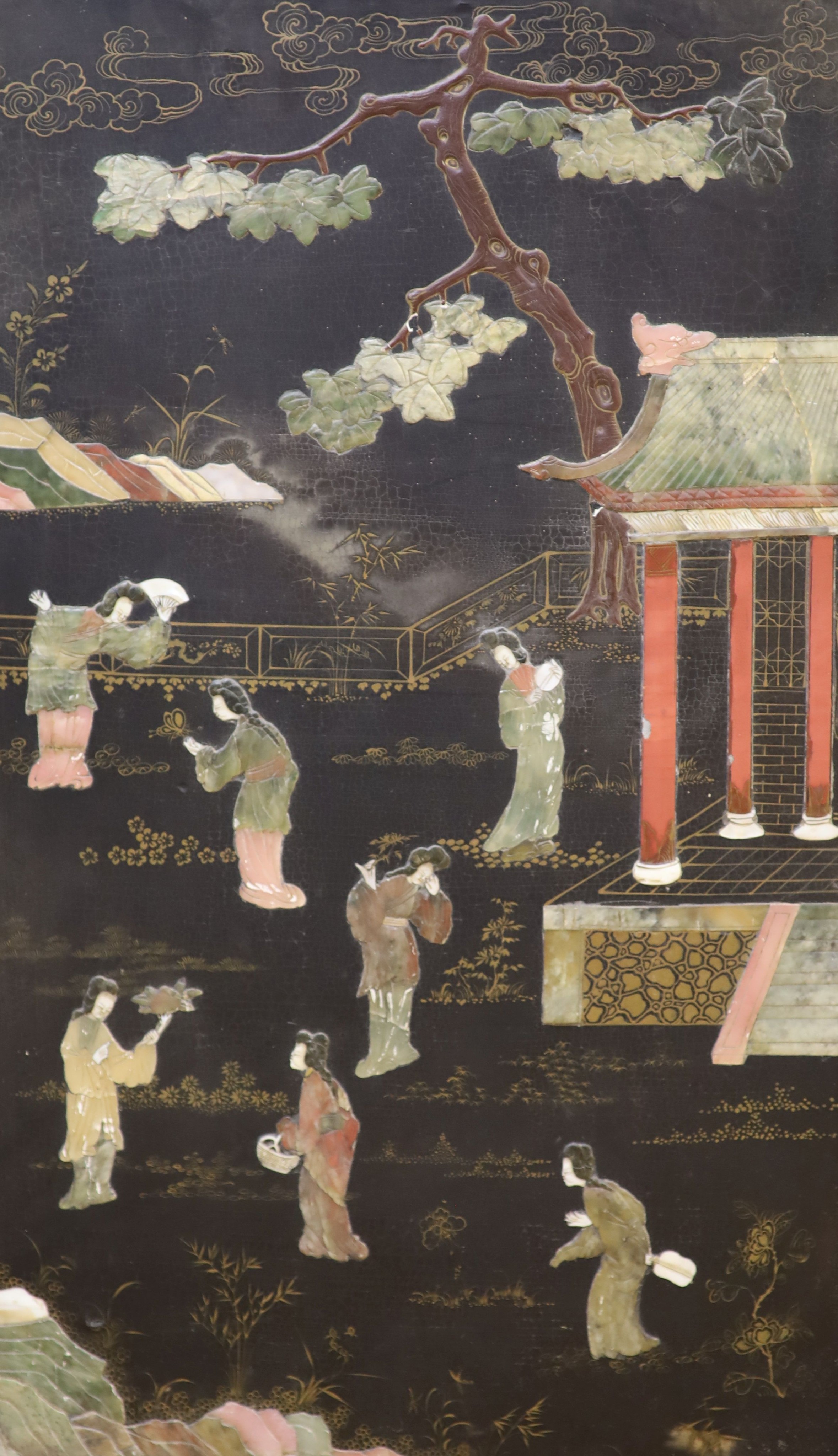 A Chinese soapstone inlaid lacquer panel, 80 1X 50 cm - Image 2 of 3