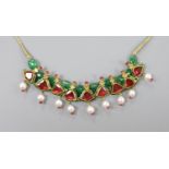 An Indian? emerald, garnet, ruby, enamel and cultured pearl set drop necklace, with fabric chain,