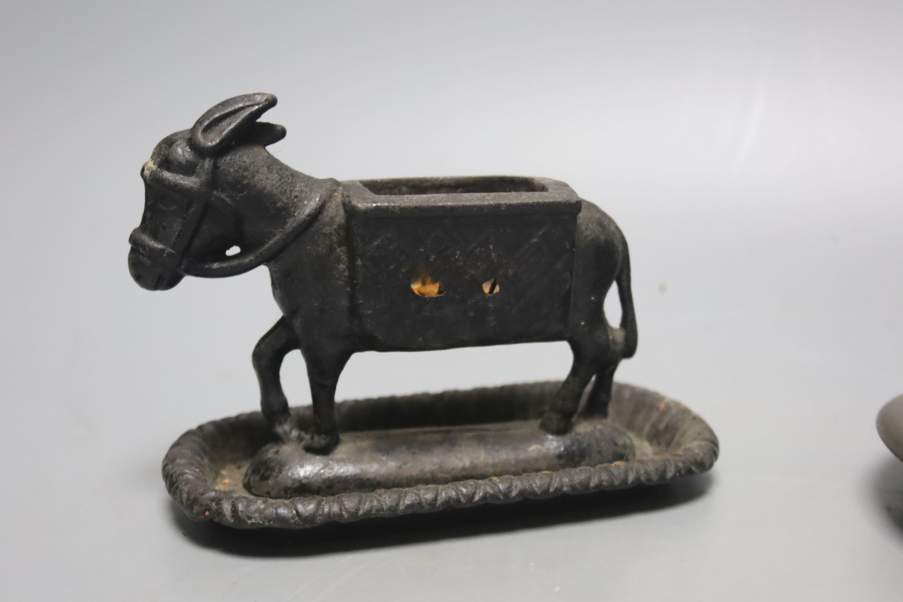 A brass handbell, iron donkey matchbox holder plus cloisonné matchbox cover. Bell, 23cms high. - Image 4 of 5