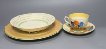 A quantity of Clarice Cliff pottery, Including Crocus pattern tea wares, two preserve jars missing