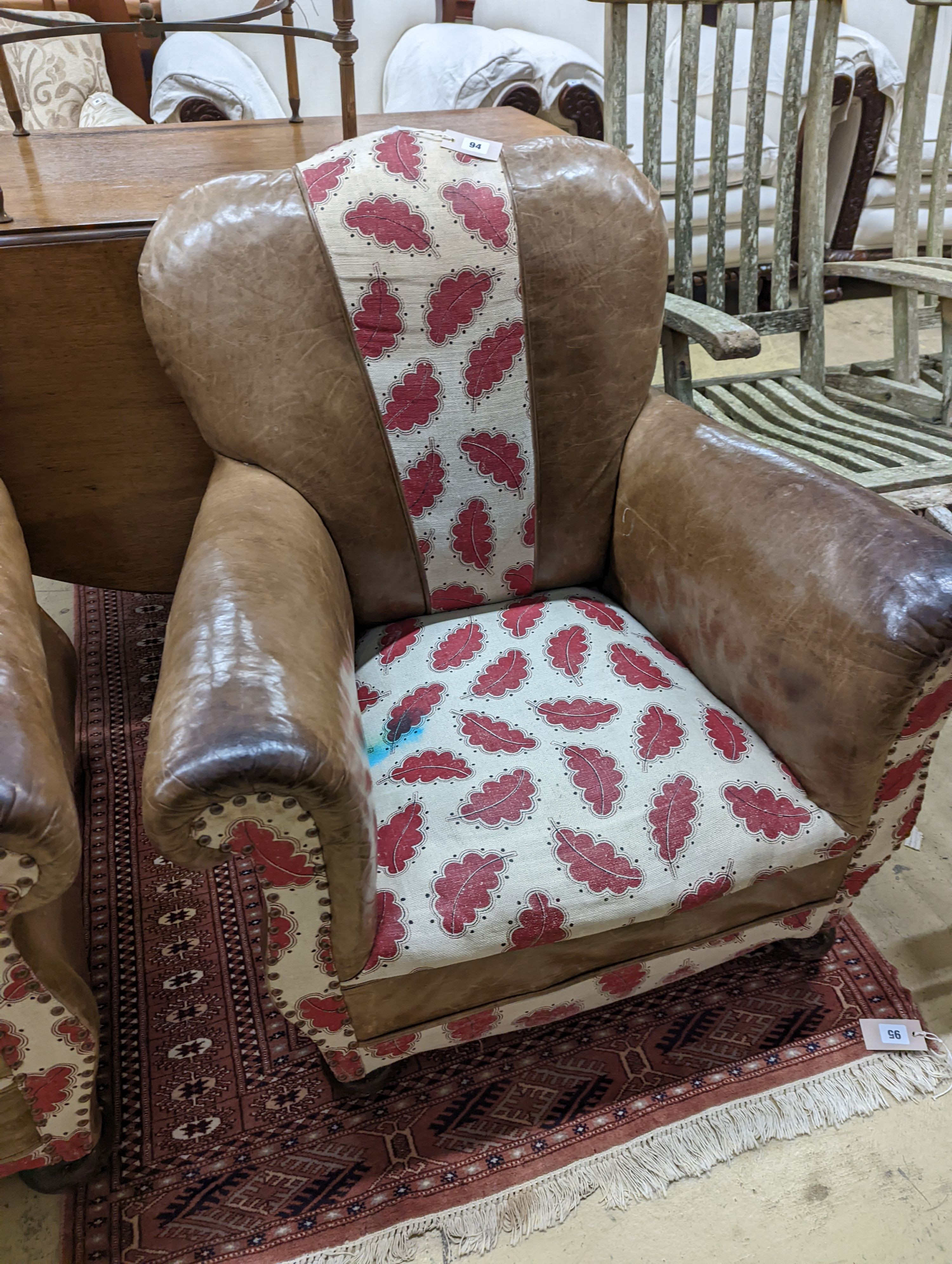 A pair of leather and fabric club armchairs. H-80cm. - Image 3 of 5