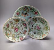 A group of ten mid 19th century Chinese famille rose celadon ground plates, largest 26cm