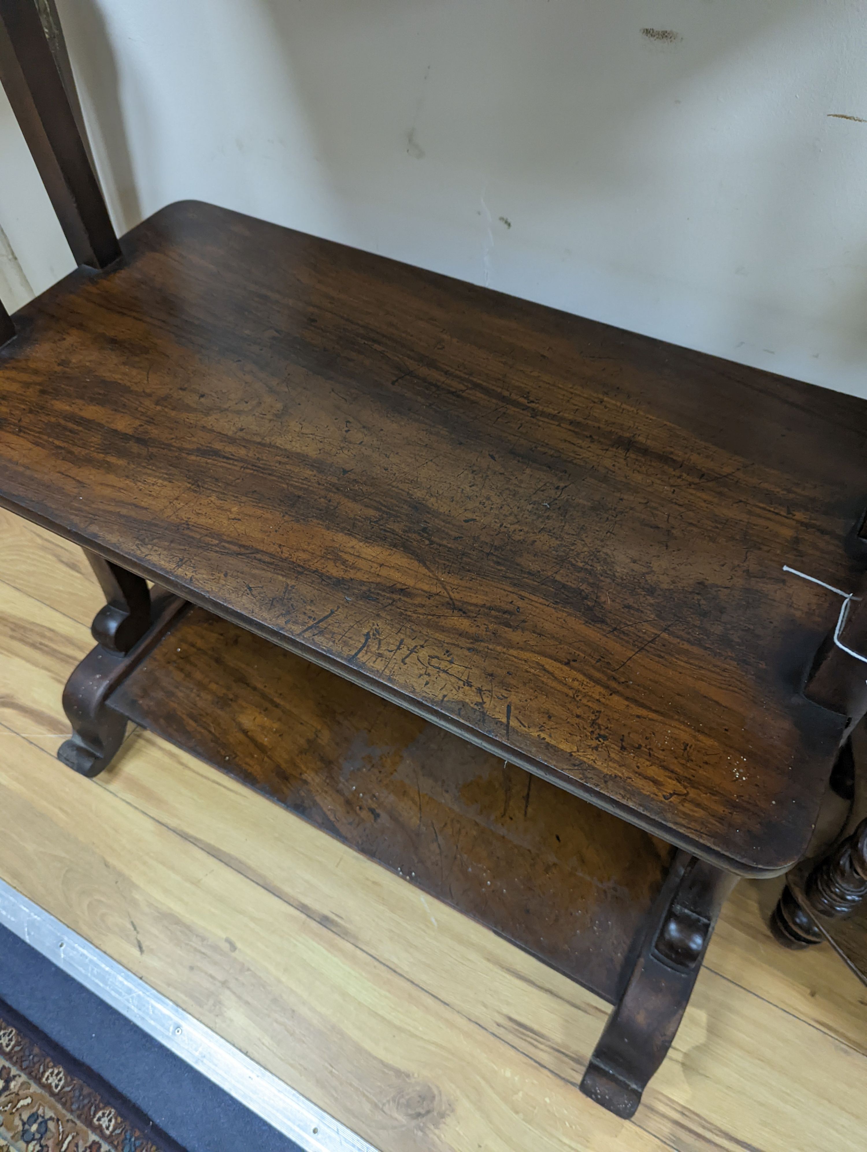 A Victorian rosewood three tier table. W-73cm, D-38cm, H-92cm. - Image 3 of 5