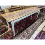 A 19th century French rectangular part painted fruitwood kitchen table. Length -214cm, Depth-