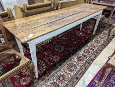 A 19th century French rectangular part painted fruitwood kitchen table. Length -214cm, Depth-