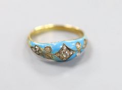 A late Victorian yellow metal, enamel and rose cut diamond set dress ring(a.f.), size L/M, gross