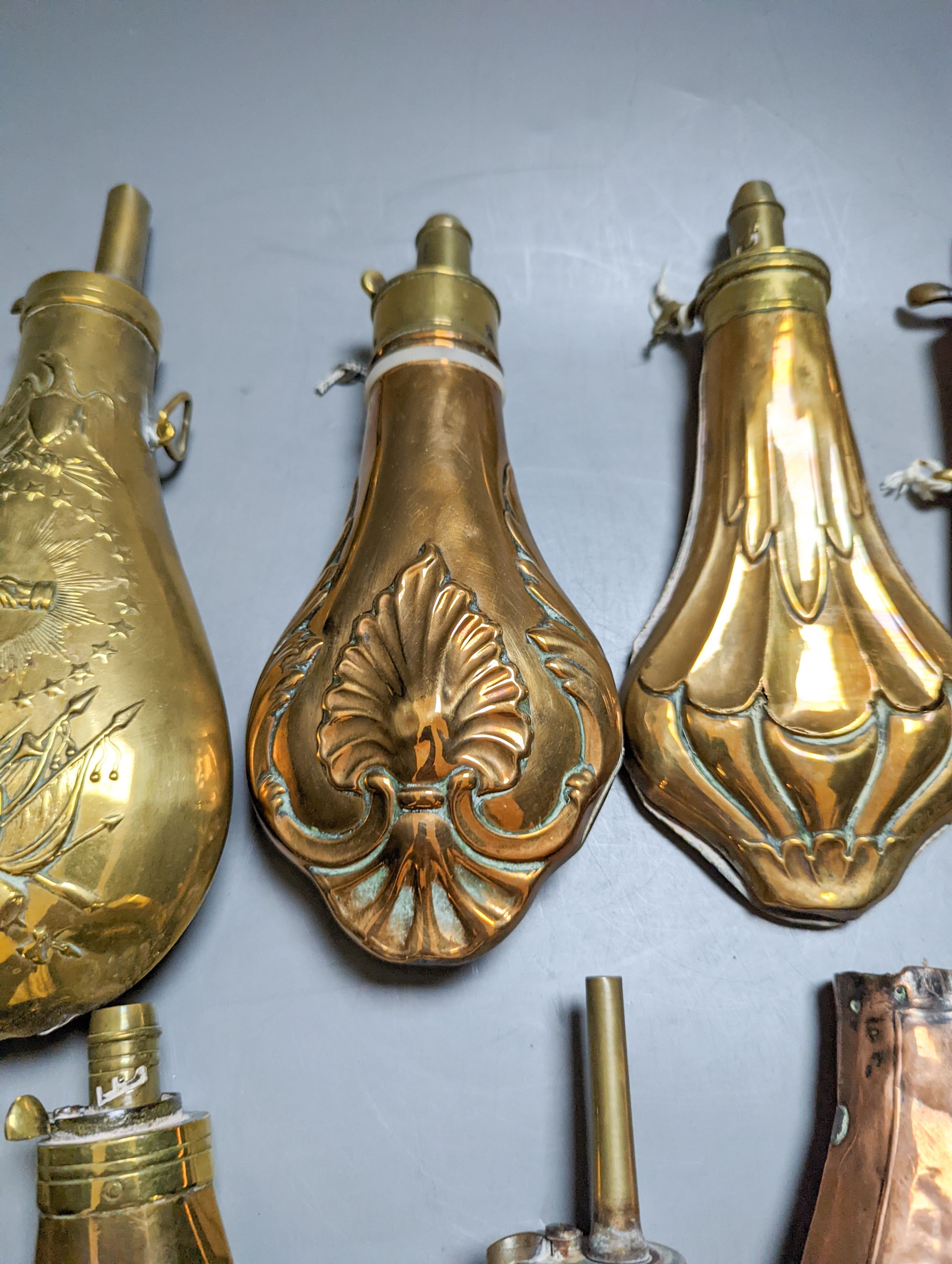 Eight assorted 19th century copper shot flasks - Image 5 of 10