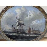 Attributed to Thomas Luny (1759-1837), oil on canvas laid on board, oval, Shipping off the coast,