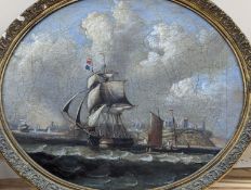 Attributed to Thomas Luny (1759-1837), oil on canvas laid on board, oval, Shipping off the coast,