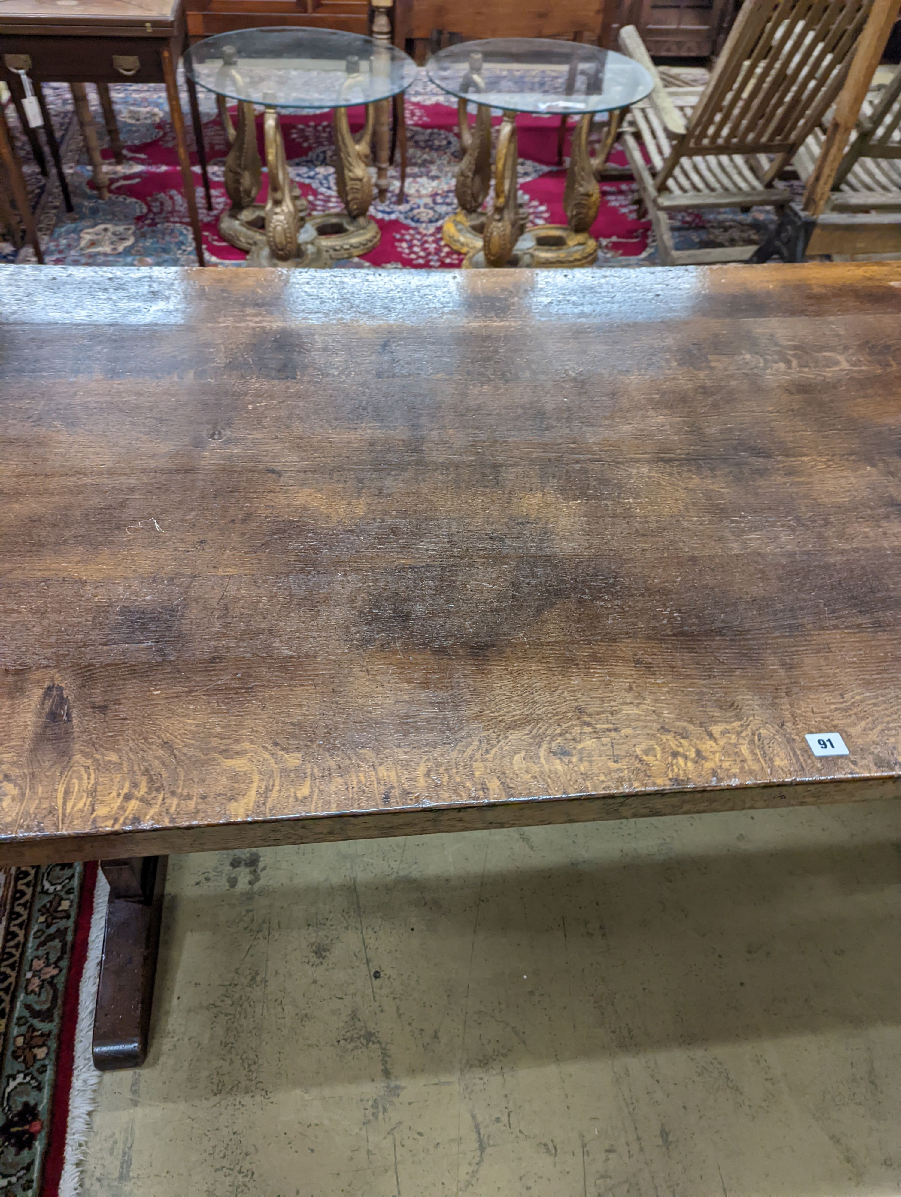 A Liberty oak refectory table, W-214cm, D-91cm, H-76cm. - Image 3 of 6