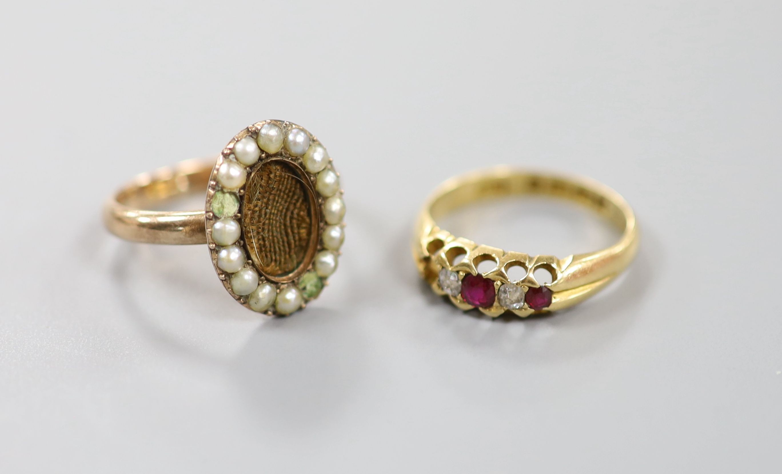 A Victorian 15ct gold, ruby and diamond set half hoop ring (stone missing), size M, gross 3.5