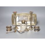A pair of George V silver candlesticks (a.f.) and other small silver including a hat pin stand,