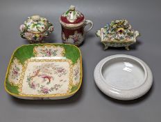 A Meissen style chocolate cup and cover, two mid 19th century English porcelain flower encrusted