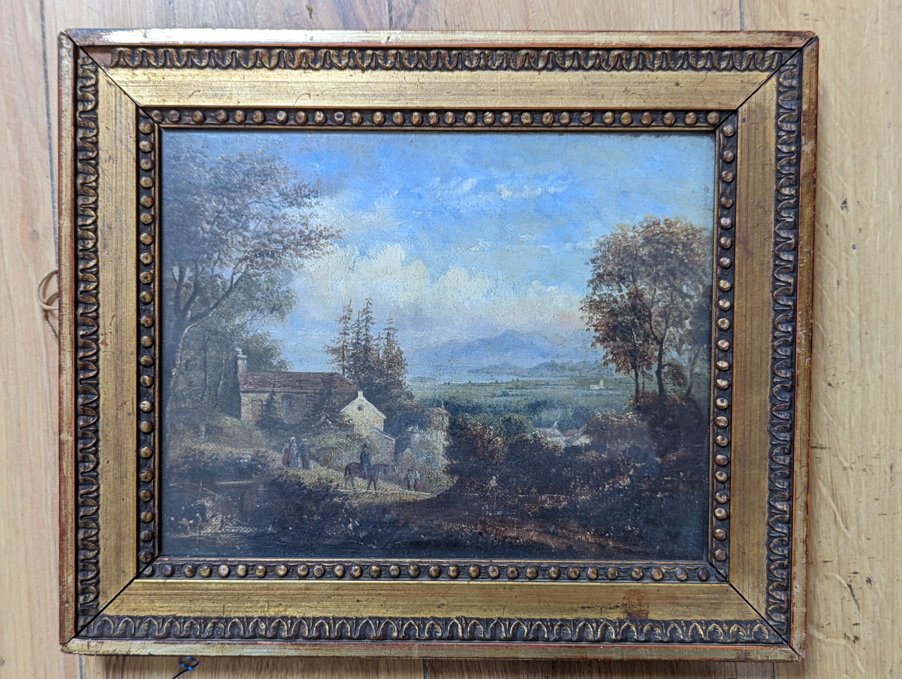 19th century English School, oil on canvas, Figures in a landscape, 19 x 24cm - Image 2 of 3