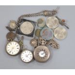 Various pocket watches including a 935 fob watch, together with a silver albert, medals coins and