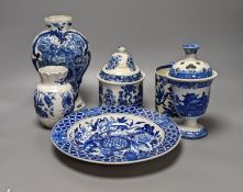 Four items of early 19th century blue and white pearlware pottery, an 18th century Delft blue and