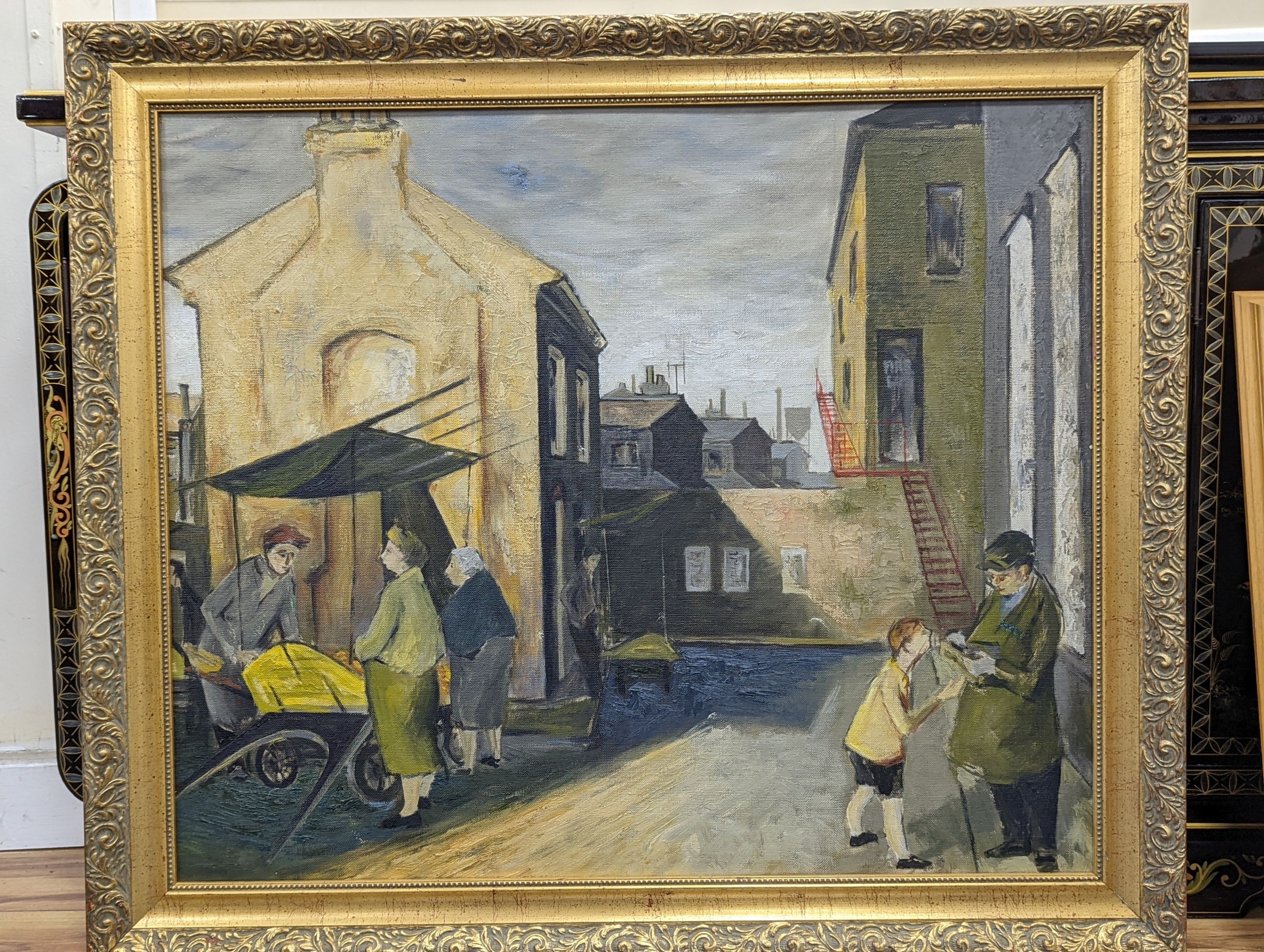 Modern British, oil on canvas board, Street scene, Exhibition label verso, 66 x 78cm - Image 2 of 3