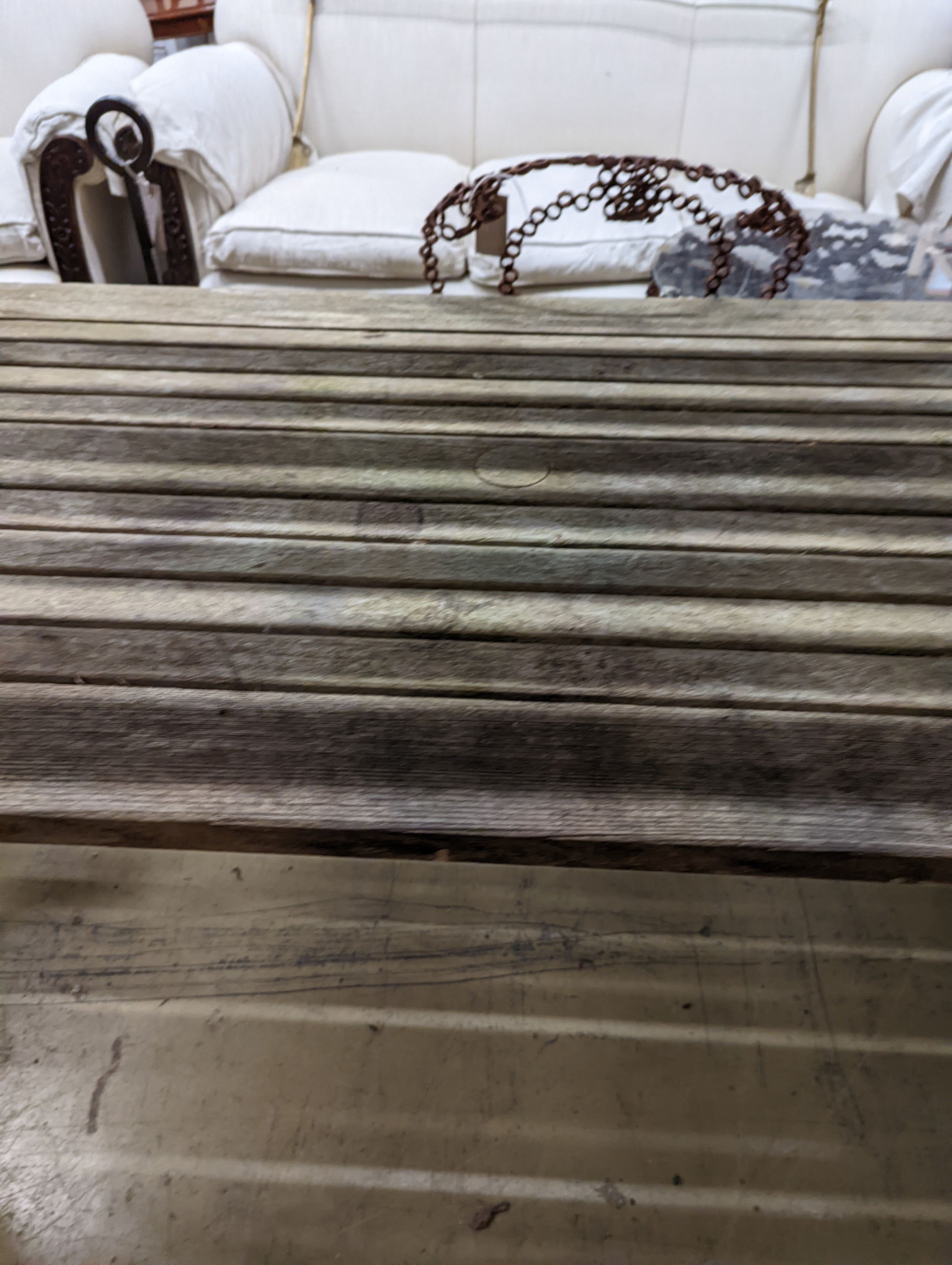 A weathered teak garden bench and rectangular table. Bench - W-122cm, D-54cm, H-83cm. Table - W- - Image 6 of 7