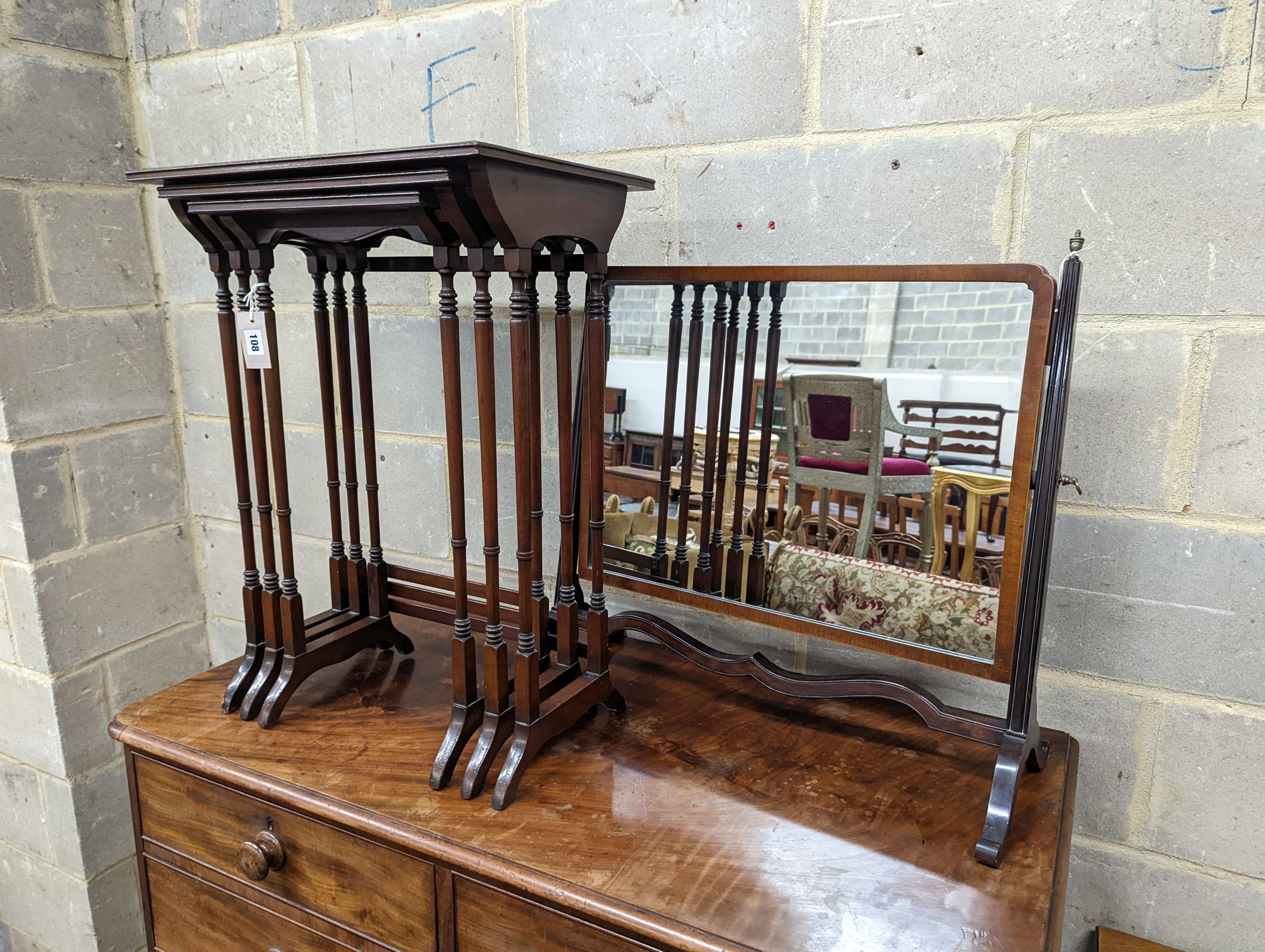 An Edwardian mahogany toilet mirror and a nest of tea tables. Tables measure - W-53cm, D-35cm, H-