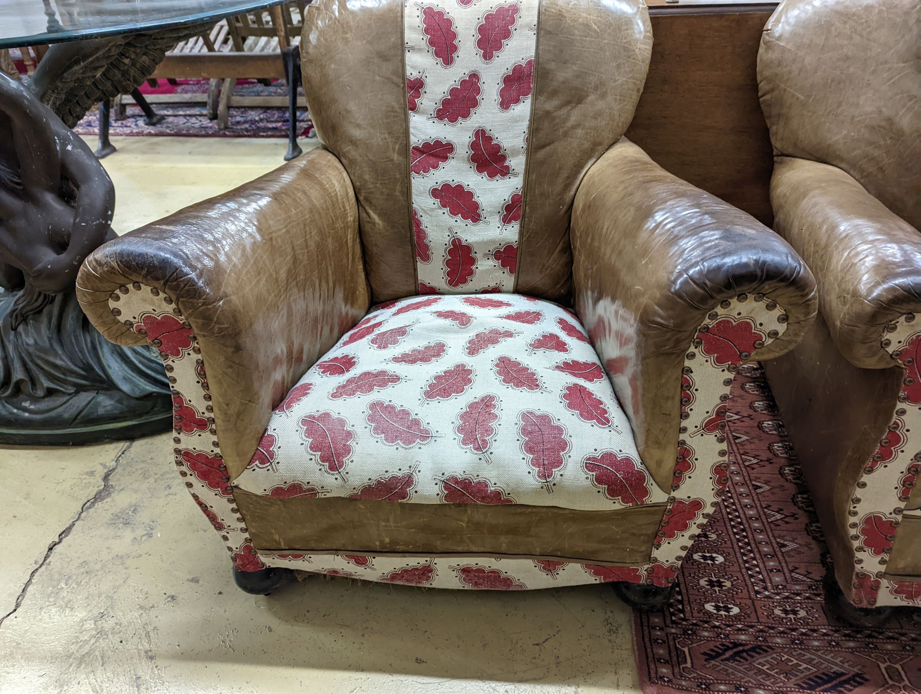 A pair of leather and fabric club armchairs. H-80cm. - Image 4 of 5