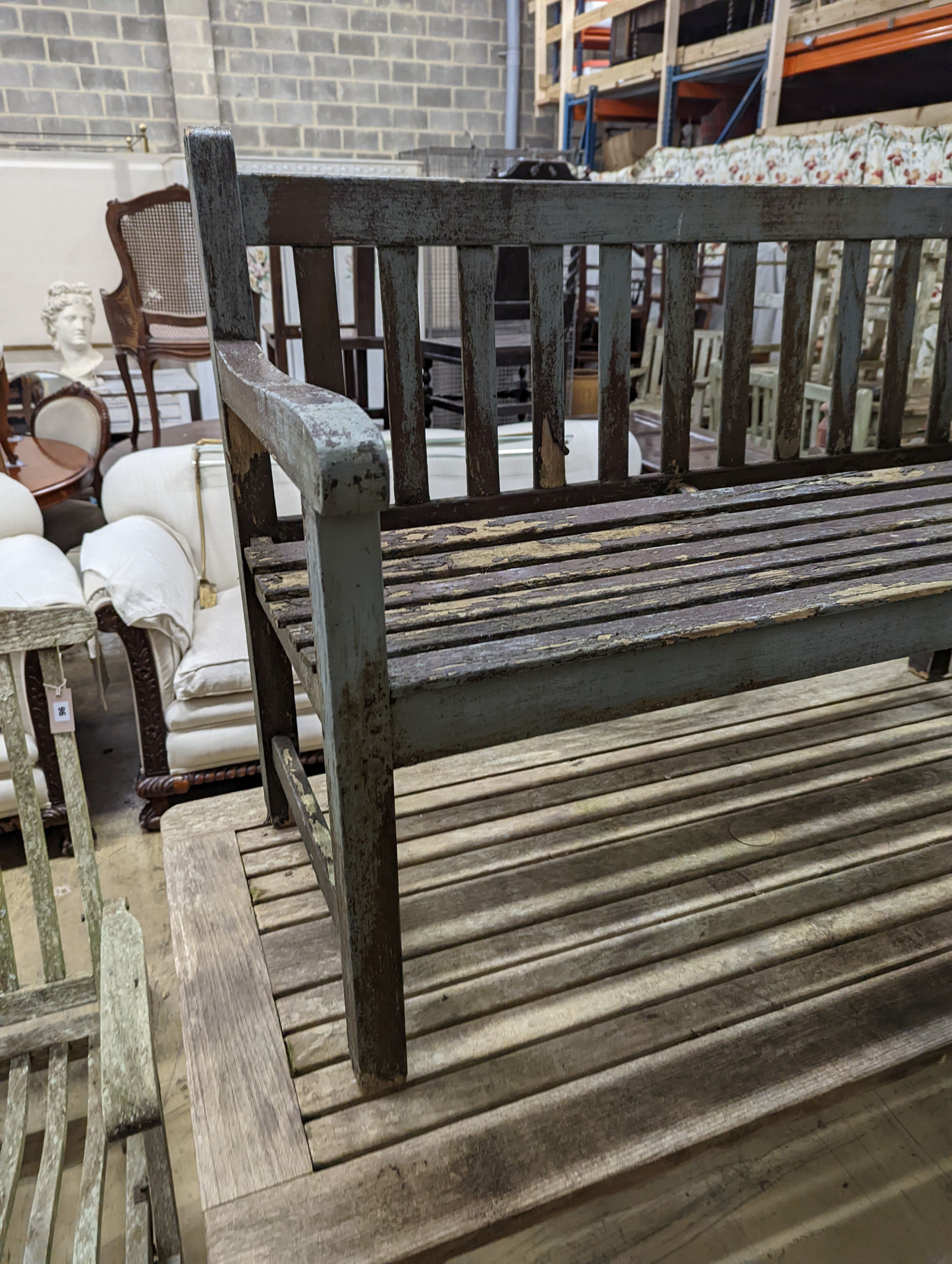 A weathered teak garden bench and rectangular table. Bench - W-122cm, D-54cm, H-83cm. Table - W- - Image 2 of 7