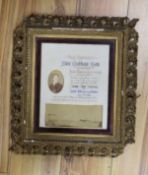 A framed token of appreciation for saving lives at sea awarded to John Thomas Kingswood 1887 with