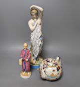 A 19th century French bisque classical female figure, Doulton Imari style teapot and a figure of