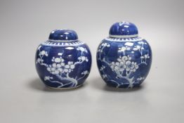 A pair of early 20th century blue and white prunus jars and covers