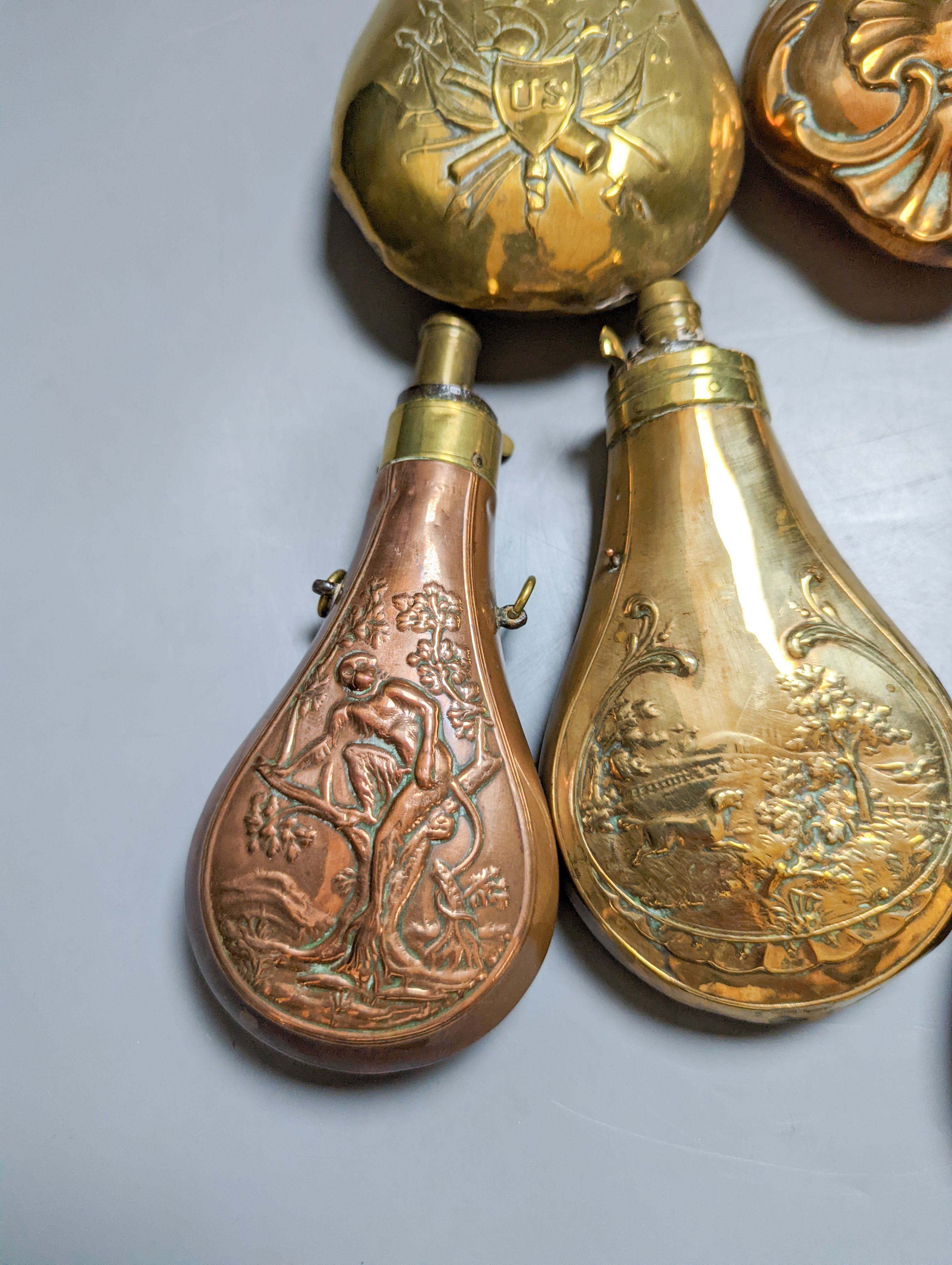 Eight assorted 19th century copper shot flasks - Image 3 of 10