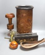 A Russian papier mache box, 26.5cm, an embossed leather stick stand, a Persian painted wood vase,