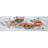 Mixed white metal, 925 and costume jewellery including bracelets and bangles an agate set necklace.