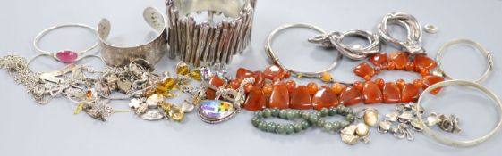 Mixed white metal, 925 and costume jewellery including bracelets and bangles an agate set necklace.