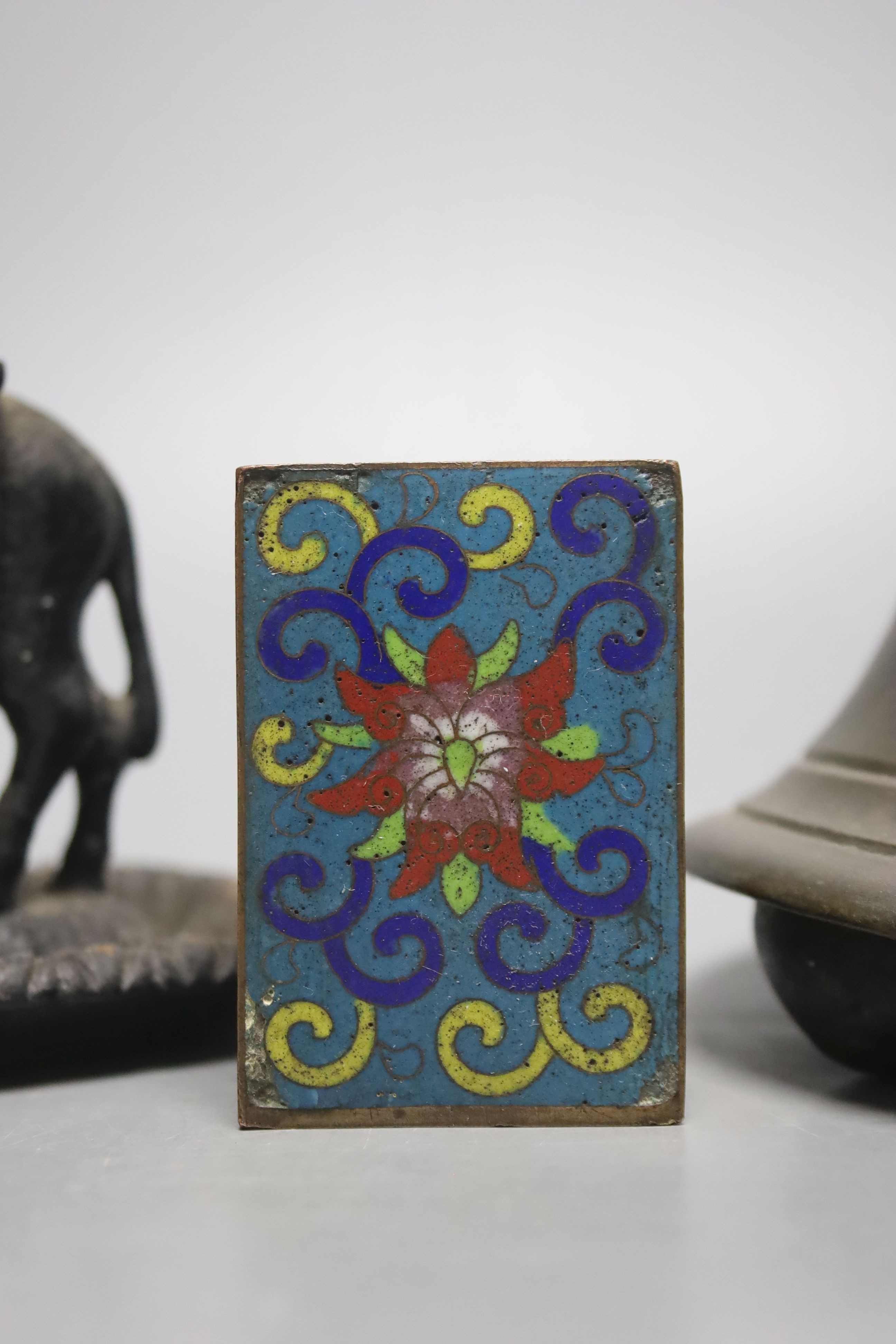 A brass handbell, iron donkey matchbox holder plus cloisonné matchbox cover. Bell, 23cms high. - Image 2 of 5