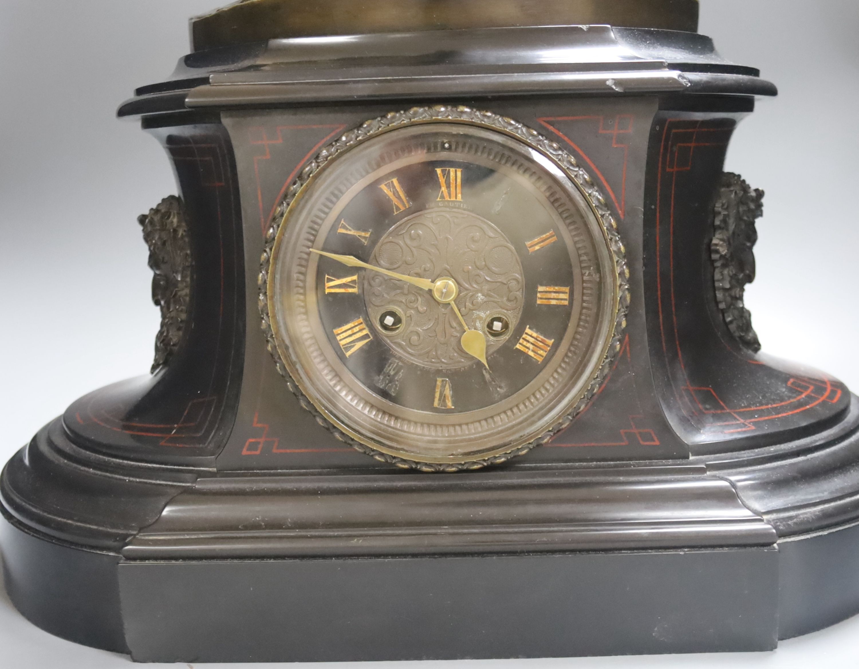 A large 19th century bronze and marble figural mantle clock, Gautier editeur foundry mark 64cm. - Image 6 of 8