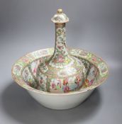 A 19th century Chinese famille rose water bottle with cover and basin, water bottle and cover 39 cms