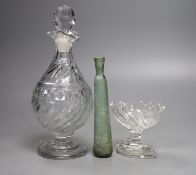 A Georgian glass decanter, 20cm and salt and a Roman glass alabastron