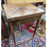 An Edwardian Art Nouveau mahogany and marquetry envelope card table. W-56, D-56cm, H-73cm.