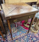 An Edwardian Art Nouveau mahogany and marquetry envelope card table. W-56, D-56cm, H-73cm.