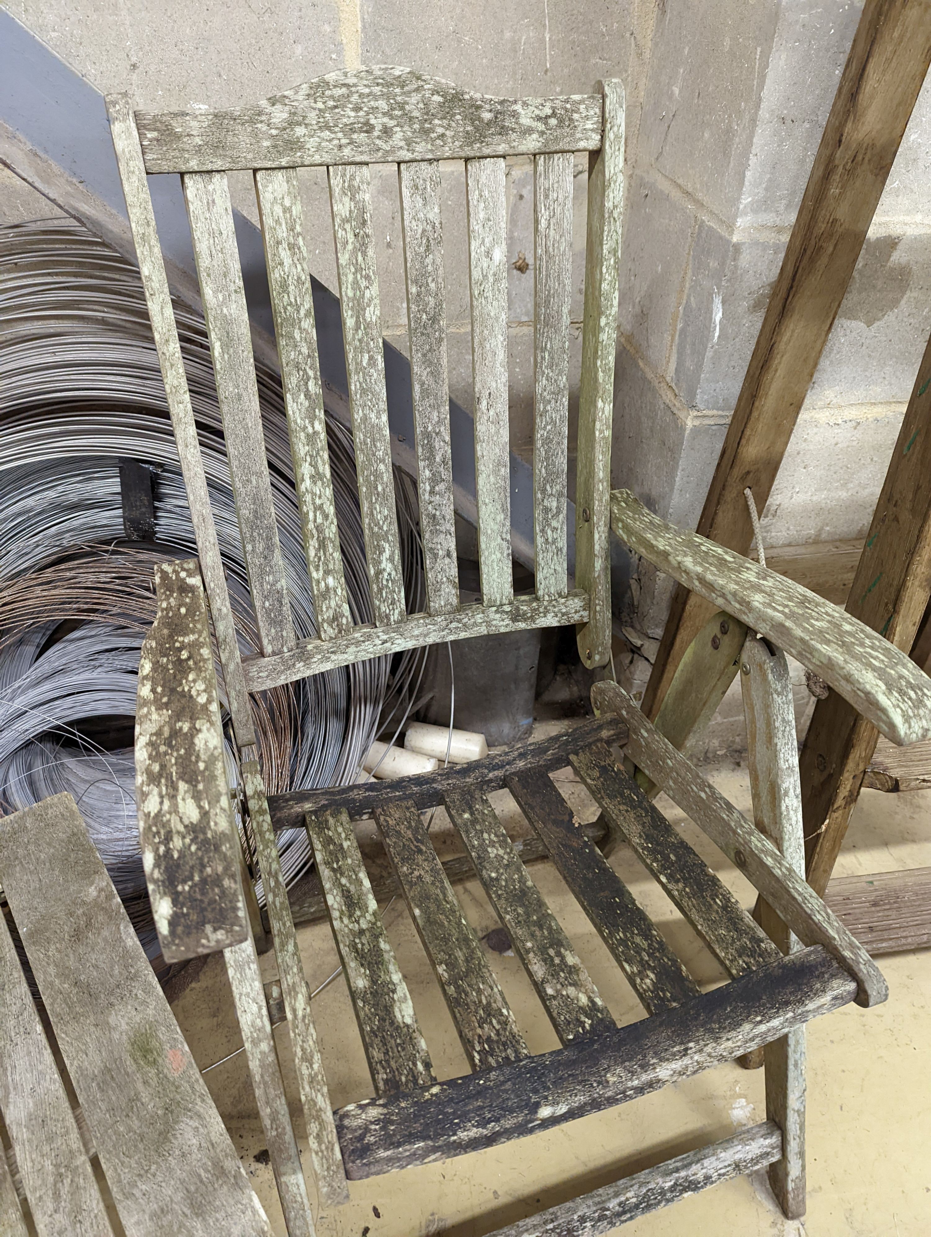 Two weathered teak folding garden armchairs and a low table - Image 5 of 5