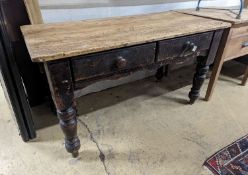 A Victorian pine two drawer kitchen table. W-133cm, D-66cm, H-73cm.