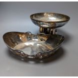 A Tudric pewter oval bowl, model no. 0535, 25cm long and an Arts & Crafts style plated pedestal