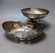 A Tudric pewter oval bowl, model no. 0535, 25cm long and an Arts & Crafts style plated pedestal